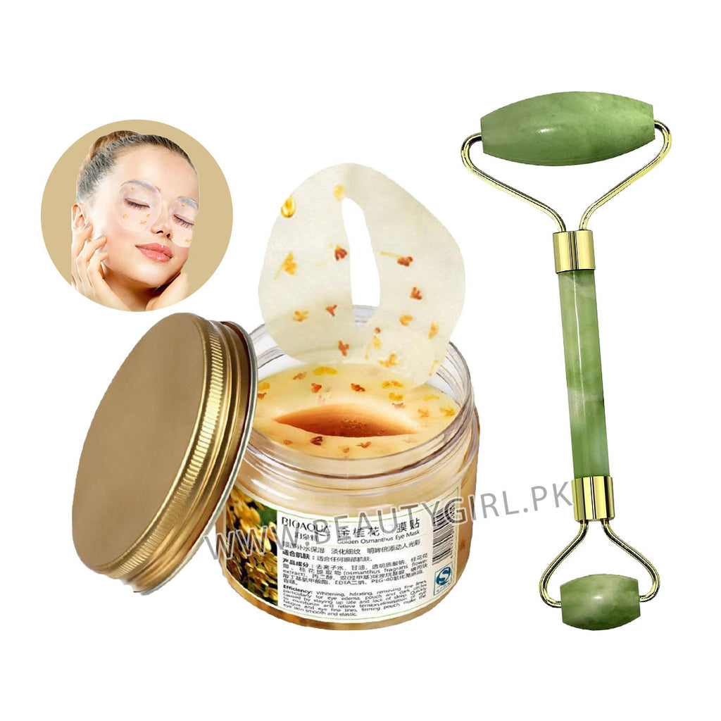 Bioaqua 80pcs/Bottle Gold Osmanthus Eye Mask Collagen & Jade Roller & Gua Sha Facial Tool Set