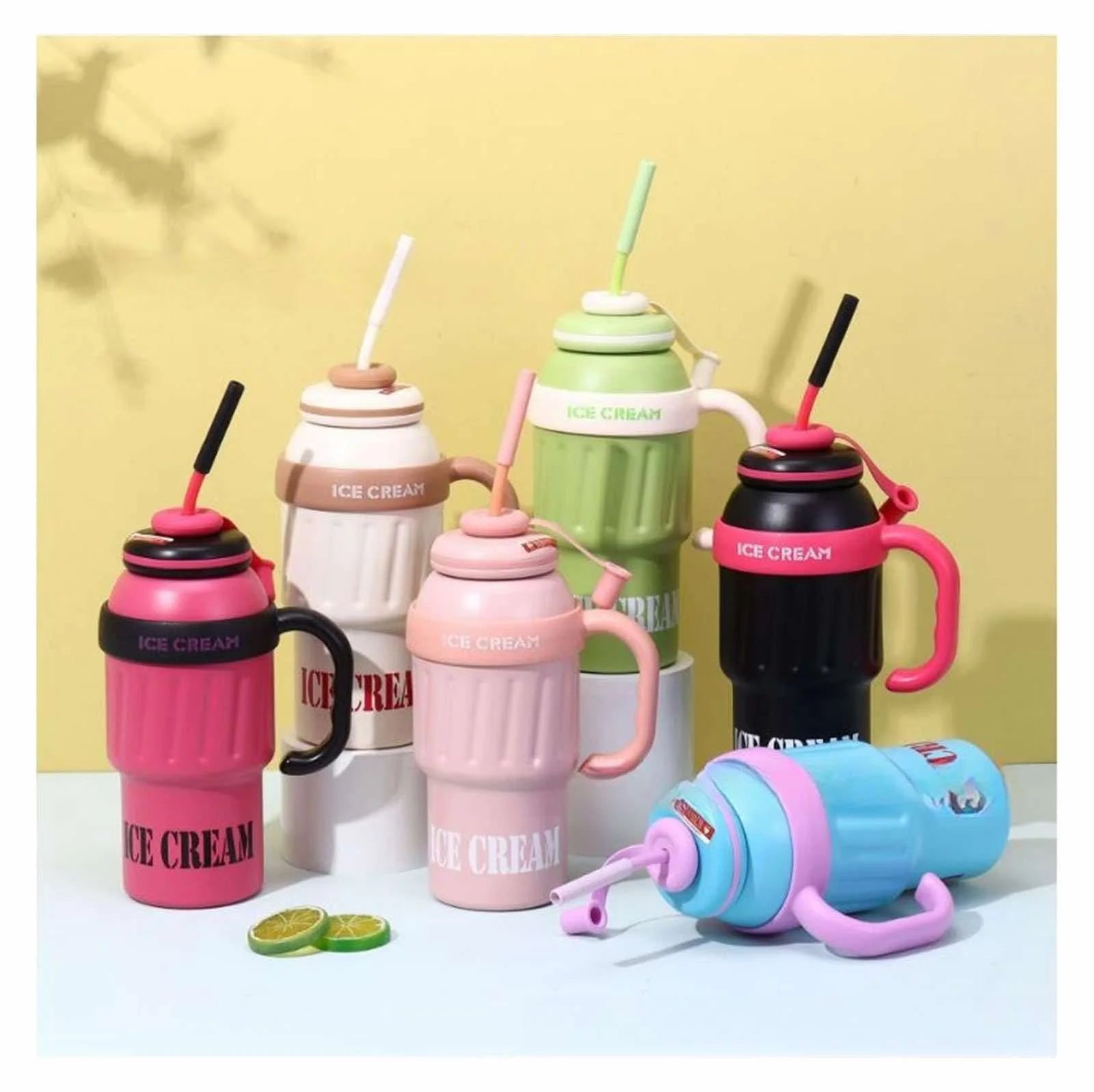Stainless Steel Cute Ice Cream Tumbler Water Bottle With Straw And Handle 1000ml