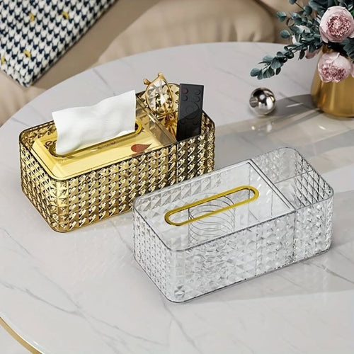 Luxury Diamond Pattern Acrylic Transparent Tissue Box With Stationary Remote Control Holder