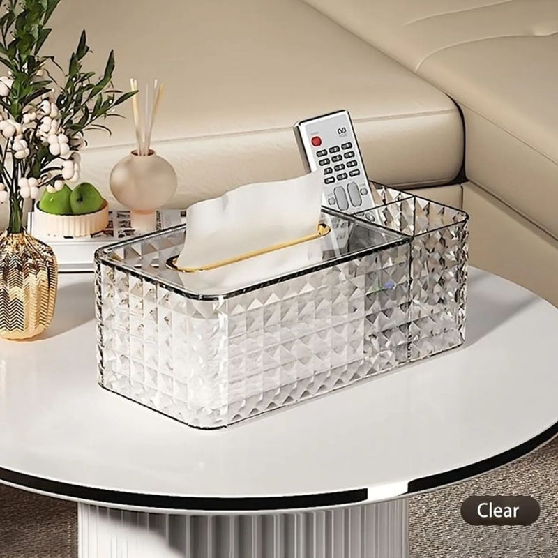 Luxury Diamond Pattern Acrylic Transparent Tissue Box With Stationary Remote Control Holder