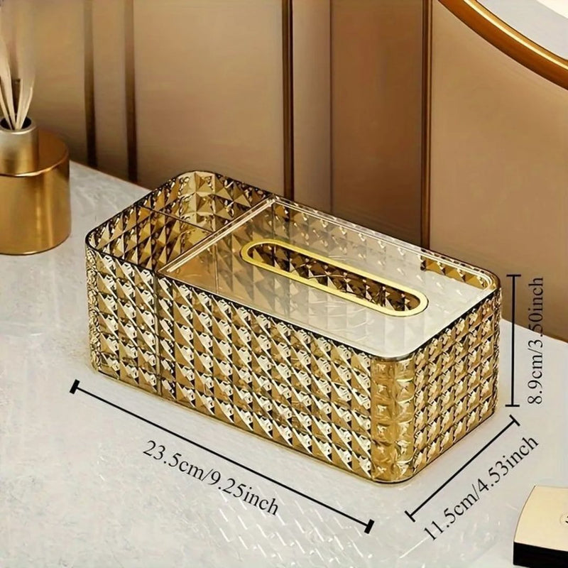 Luxury Diamond Pattern Acrylic Transparent Tissue Box With Stationary Remote Control Holder