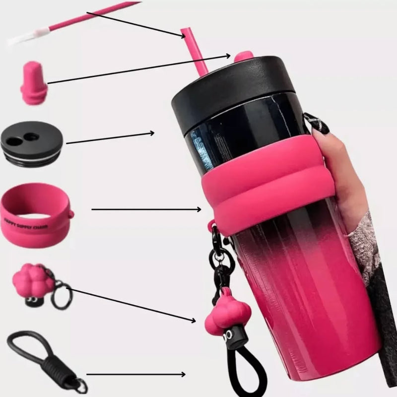 Stainless Steel Thermal Mug with Lid and Straw Leak-Proof Tumbler With Holding Strap 500ml