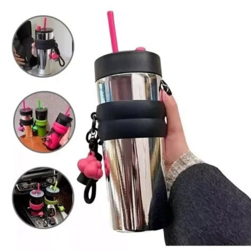 Stainless Steel Thermal Mug with Lid and Straw Leak-Proof Tumbler With Holding Strap 500ml