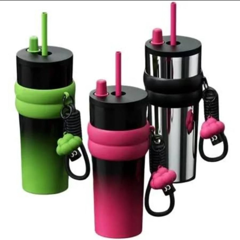 Stainless Steel Thermal Mug with Lid and Straw Leak-Proof Tumbler With Holding Strap 500ml