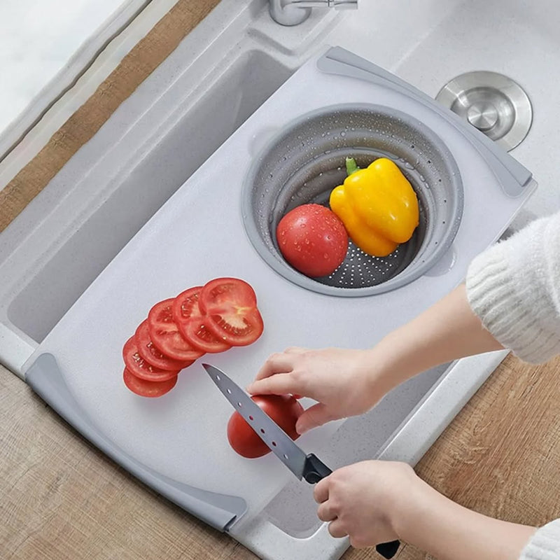 Multifunctional 2in1 Over The Sink Cutting Board With Silicone Drain Storage Basket