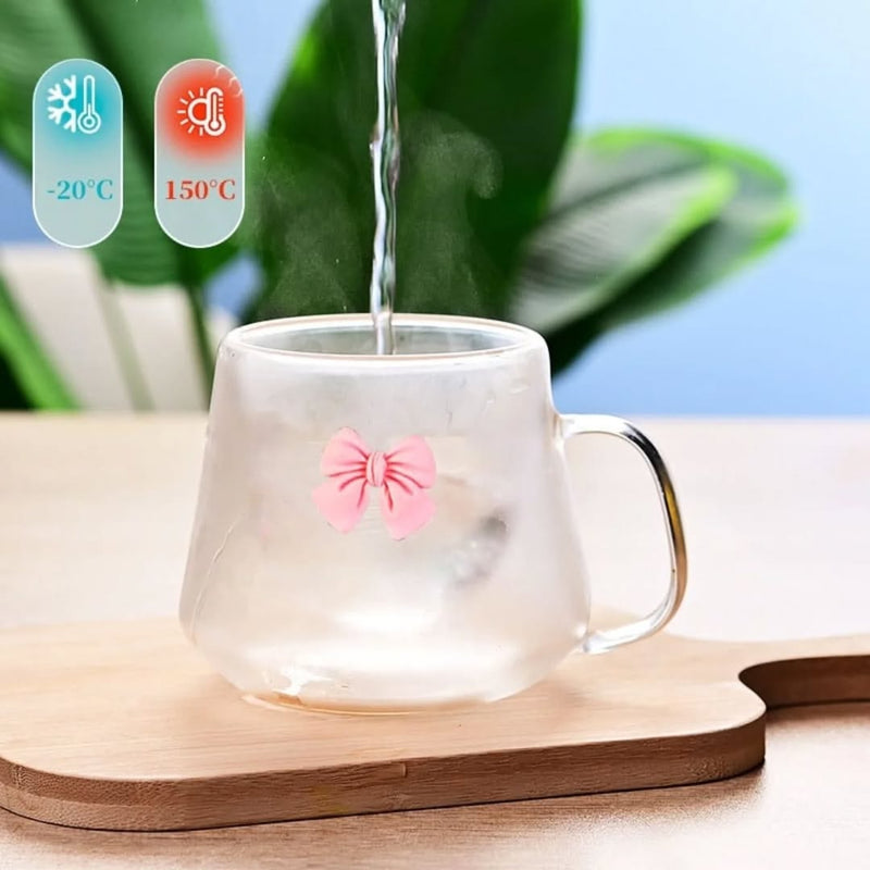 Bowknot Design Double Wall Transparent Cup Heat Resistant Coffee Mug