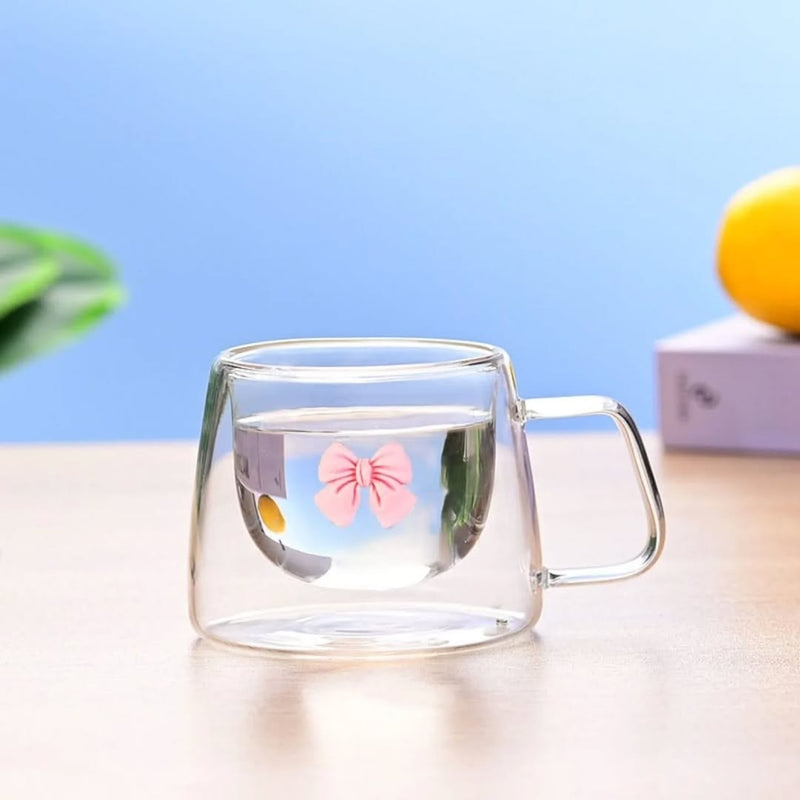 Bowknot Design Double Wall Transparent Cup Heat Resistant Coffee Mug