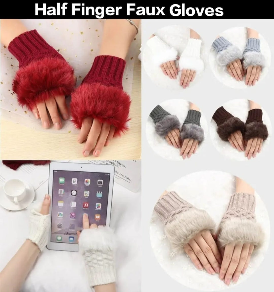 Winter Gloves Artificial Fur Ladies Fingerless Wool Knitted Gloves