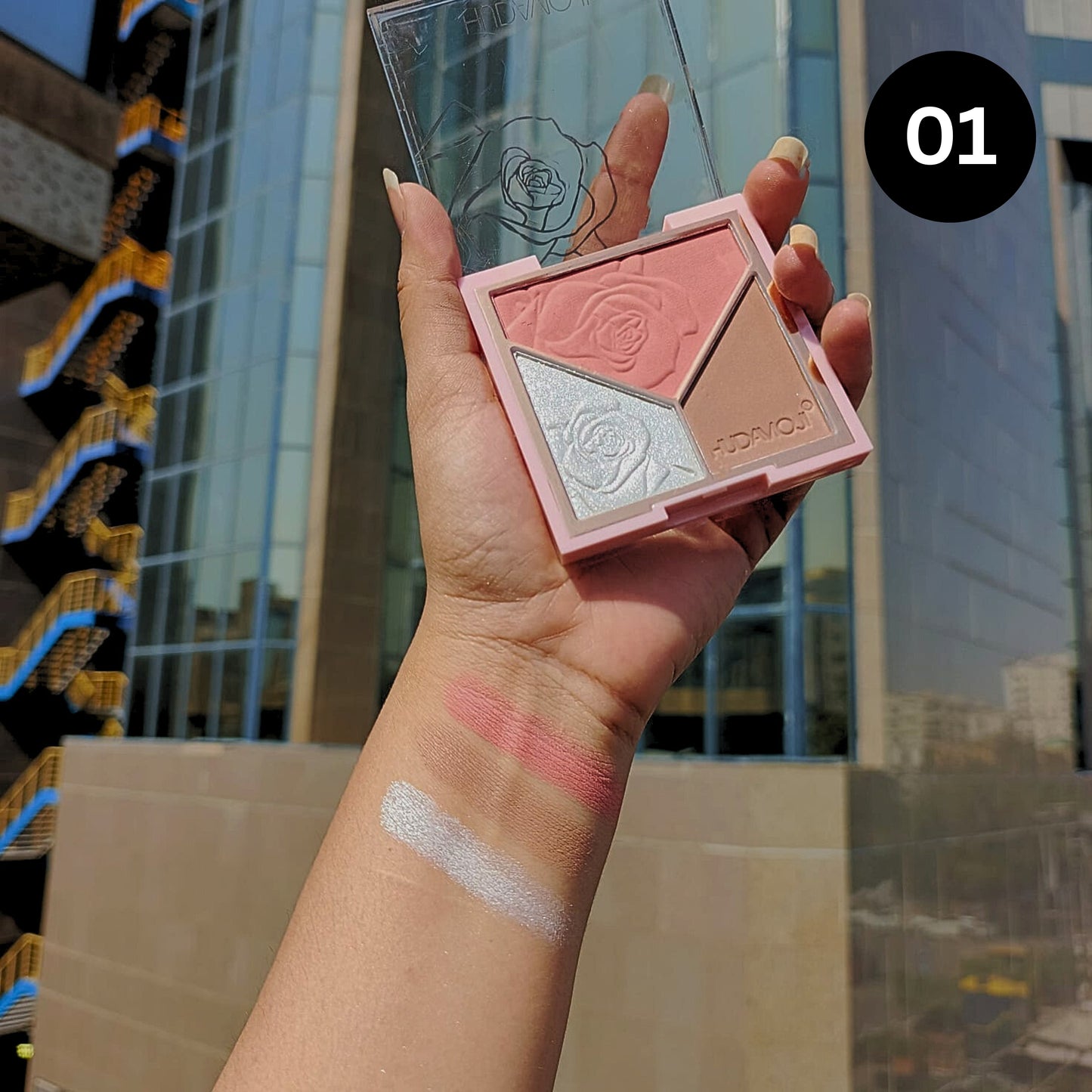 Hudamoji 3 in 1 Face Glow Palette Highlighter, Blush & Contour All in One