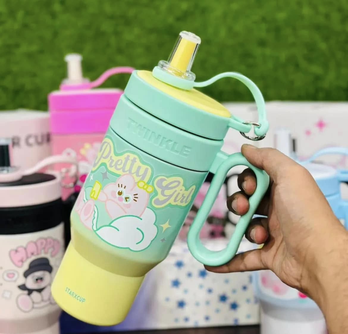 Stainless Steel Twinkle Colorful Tumbler Water Bottle Insulated With Strainer And Straw For Kids 850ml