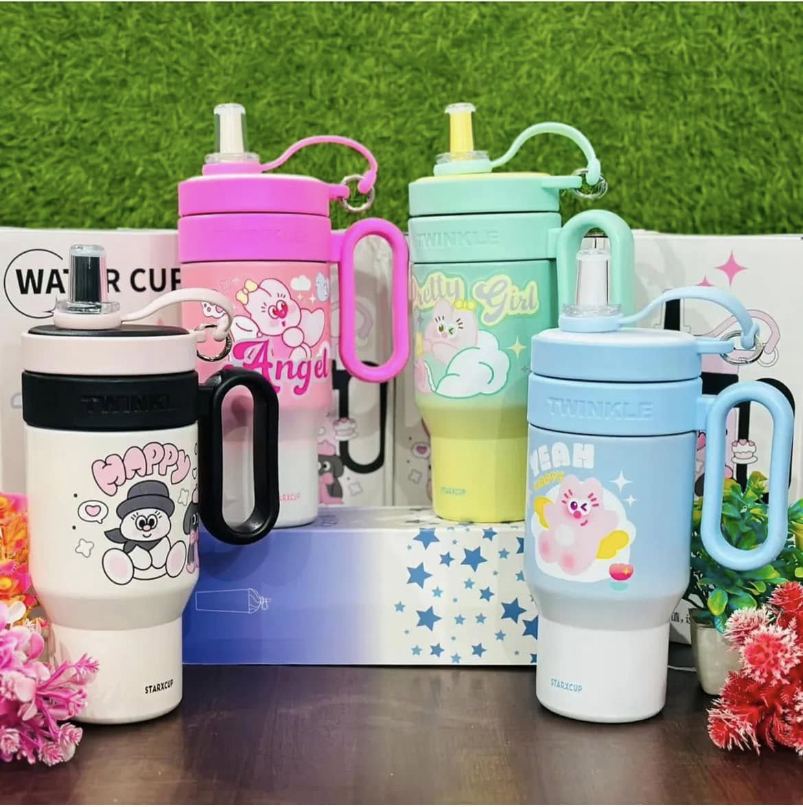 Stainless Steel Twinkle Colorful Tumbler Water Bottle Insulated With Strainer And Straw For Kids 850ml