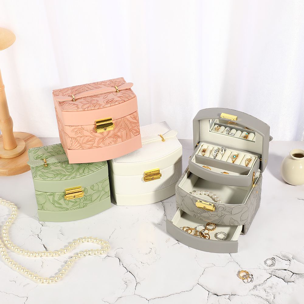 Multipurpose 3 Layer Luxury Self Textured Leather Jewelry Box Small Size With Mirror Style BT-03