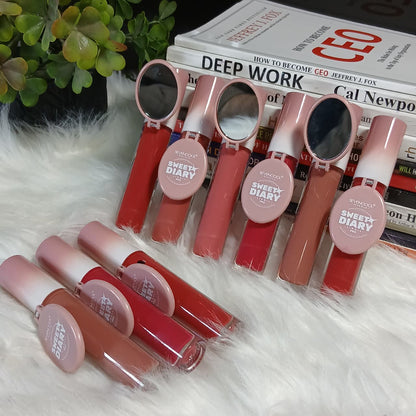 Sweet Diary Pro Long-Lasting Hydrating Liquid Lip Gloss with Built-in Mirror – Matte & Shiny Shades for All-Day Wear