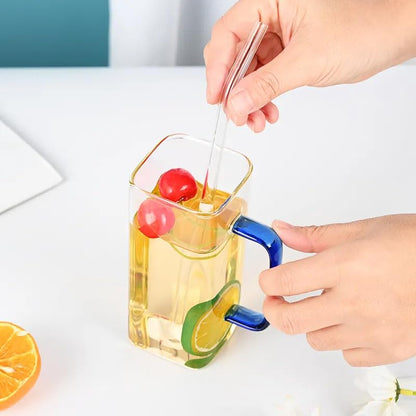 Borosilicate Transparent Square Glass Mug Tumbler With Plastic Lid And Sipper Straw 55501