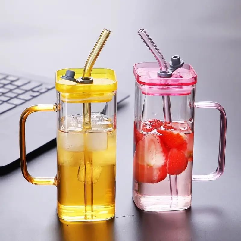 Borosilicate Transparent Square Glass Mug Tumbler With Plastic Lid And Sipper Straw 55501