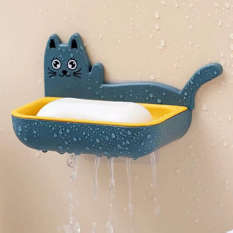 Wall Mounted Self Adhesive Double Layer Cat Shaped Soap Holder Organizer