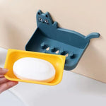 Wall Mounted Self Adhesive Double Layer Cat Shaped Soap Holder Organizer