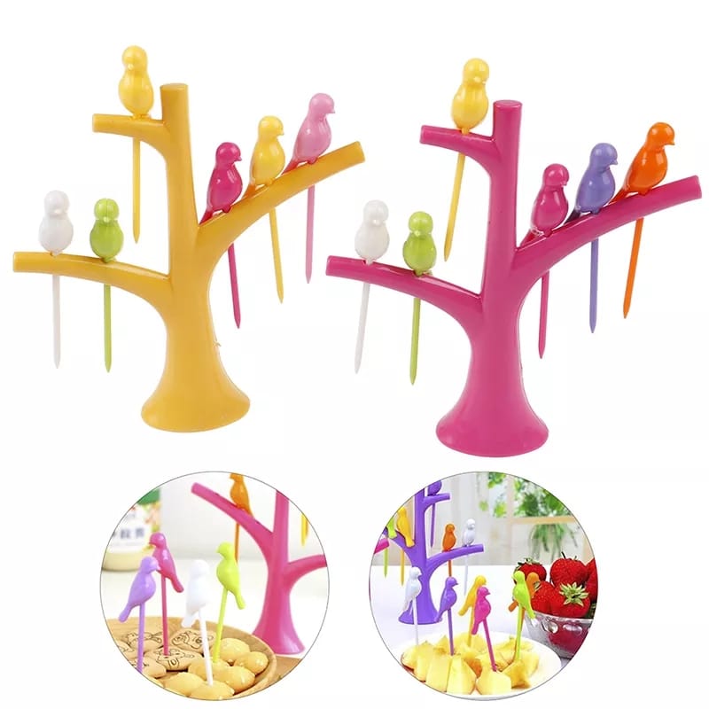 Mini Bird Shape Toothpick Fruit Fork With Tree Shape Stand