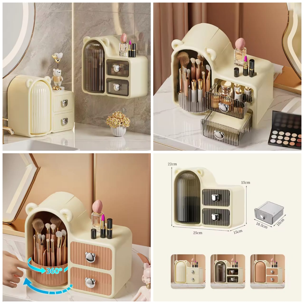 Bear Shaped 360 Makeup Brush Holder Wall-Mounted Dustproof With Drawer Lid