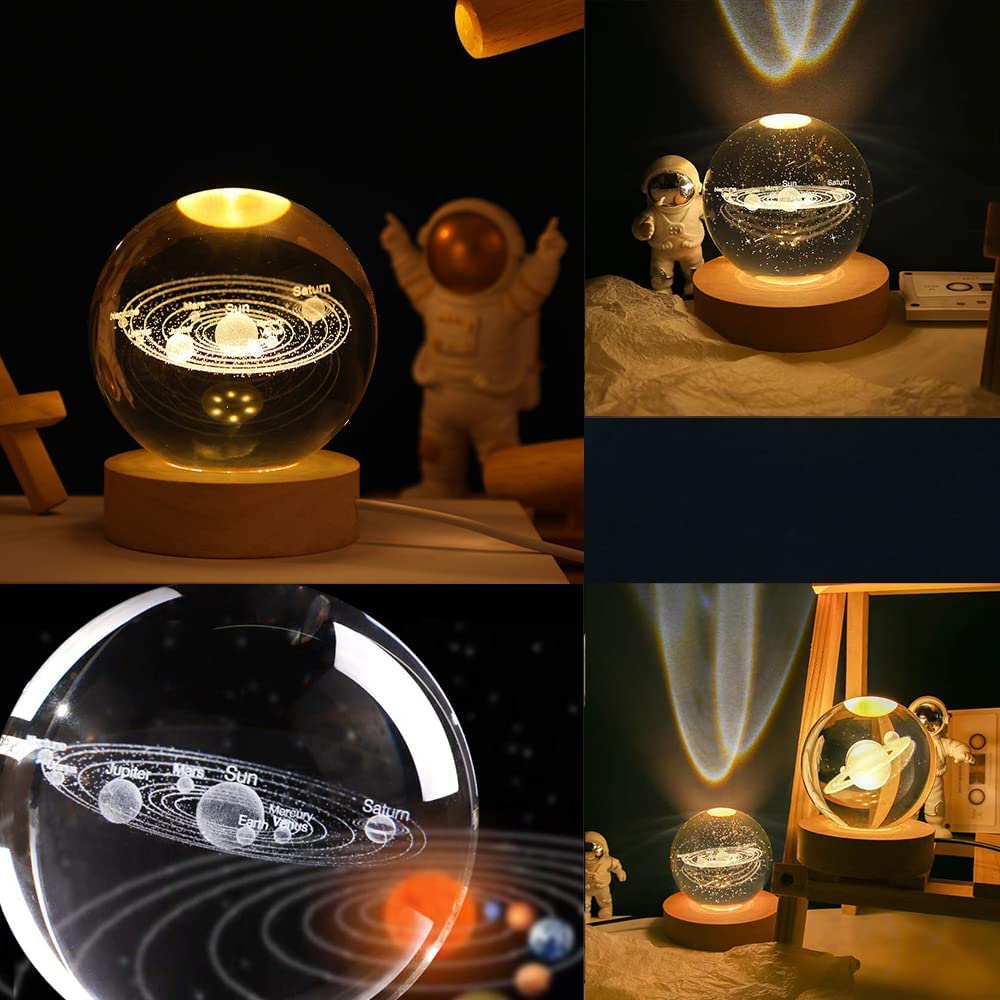 Night Lights 3D Crystal Ball Night Light Warm White Wooden Base Fantasy Decoration Ball Projection Lamp