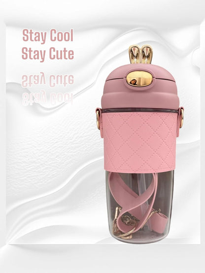 Cute Rabbit Ear Plastic Water Bottles With Leather Sleeve Straw And Strap 500ml