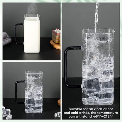 Borosilicate Transparent Square Glass Mug Tumbler With Plastic Lid And Sipper Straw 55501