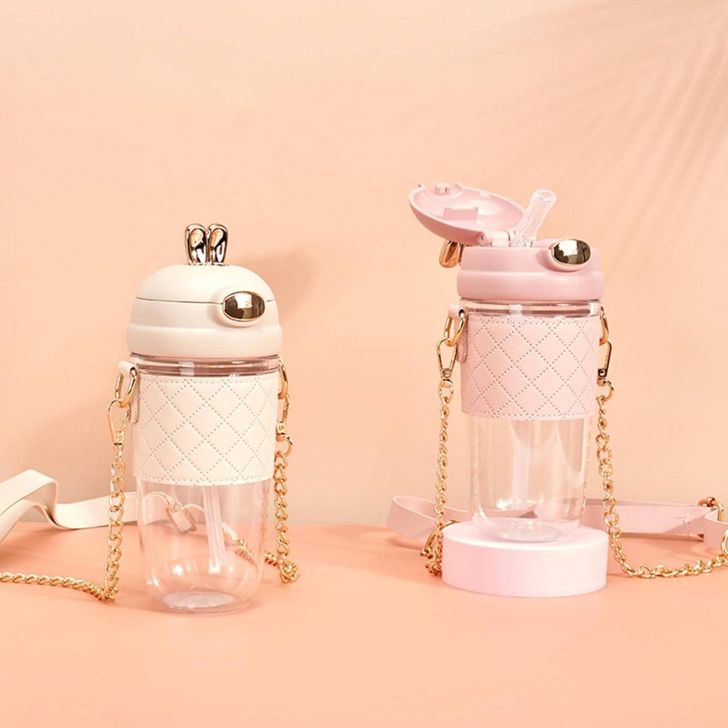 Cute Rabbit Ear Plastic Water Bottles With Leather Sleeve Straw And Strap 500ml