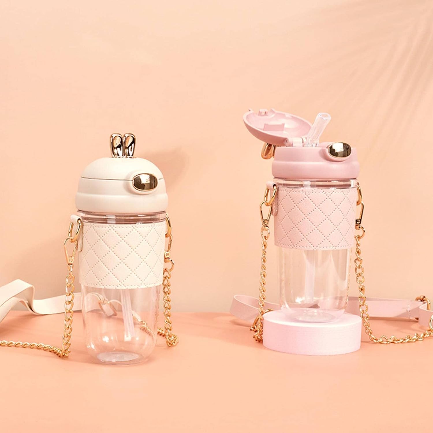 Cute Rabbit Ear Plastic Water Bottles With Leather Sleeve Straw And Strap 500ml