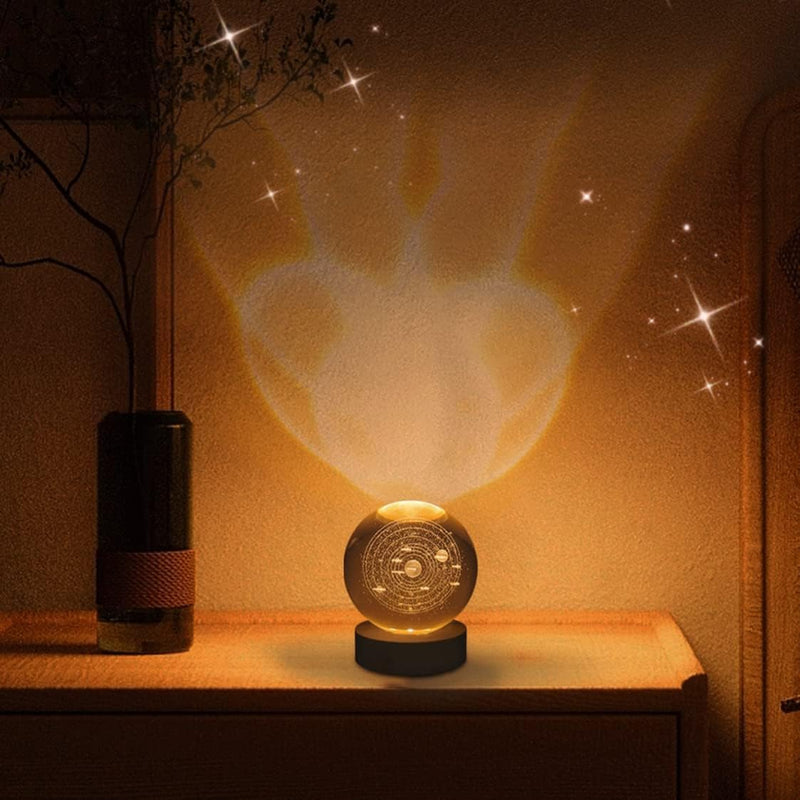 Night Lights 3D Solar System Crystal Ball Night Light Warm White Wooden Base Fantasy Decoration Ball Projection Lamp