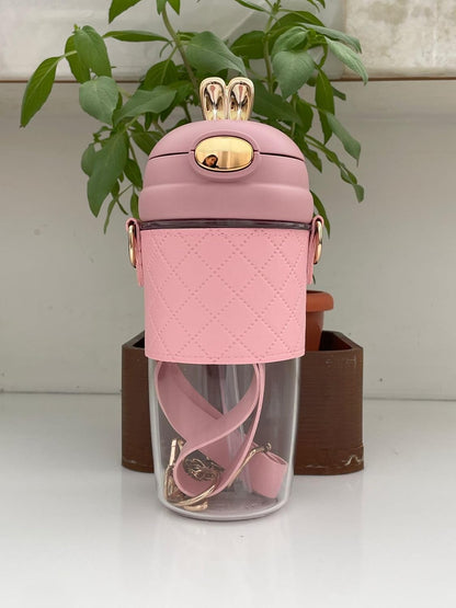 Cute Rabbit Ear Plastic Water Bottles With Leather Sleeve Straw And Strap 500ml