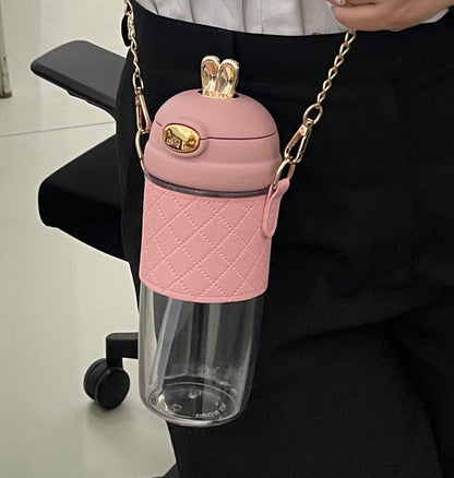 Cute Rabbit Ear Plastic Water Bottles With Leather Sleeve Straw And Strap 500ml