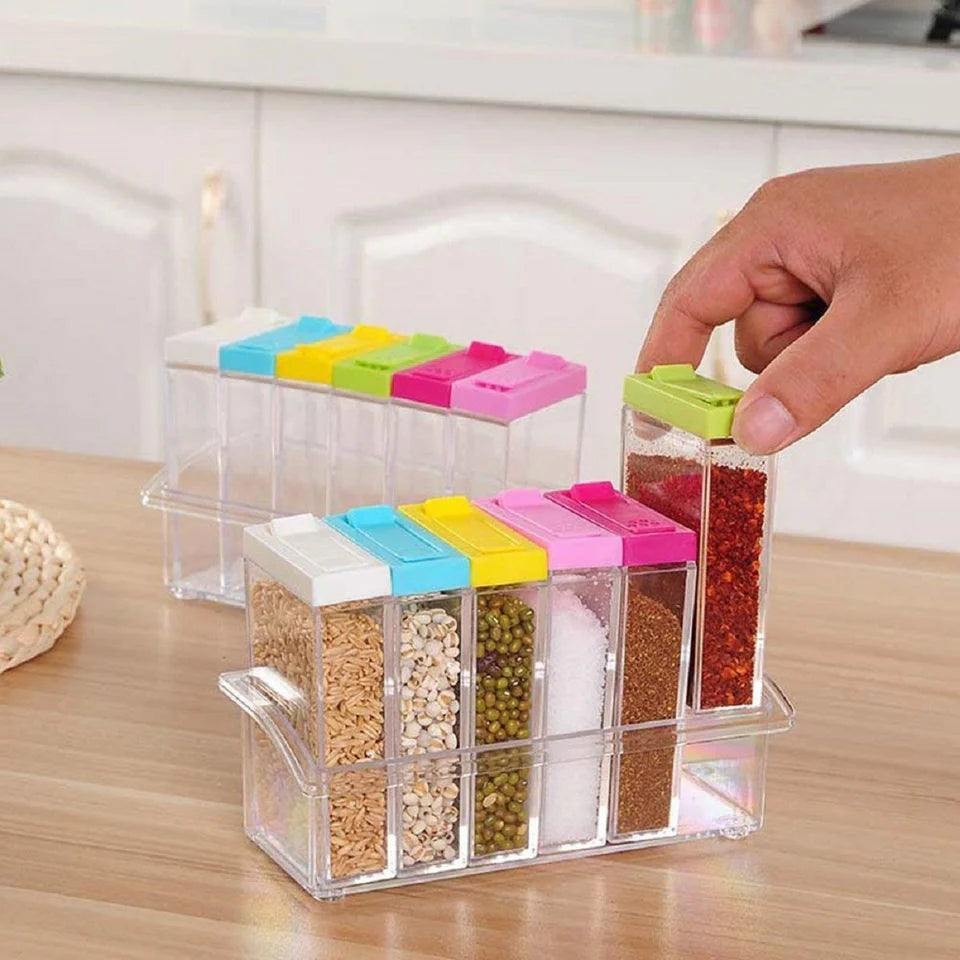 6Pcs Spice Jar Set Home Storage Container with Tray Rack