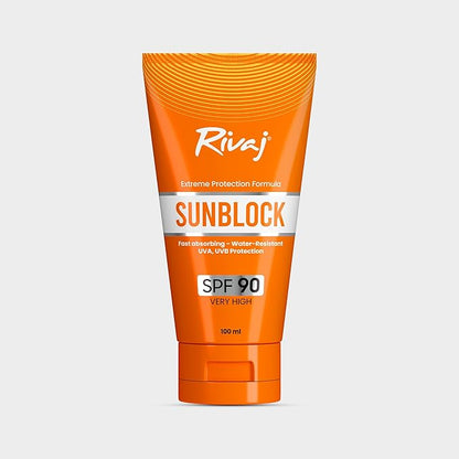 Rivaj SPF90 Sunblock 100ml Oil Free Sunscreen Protection All Skin Types Tones Lifestyles.