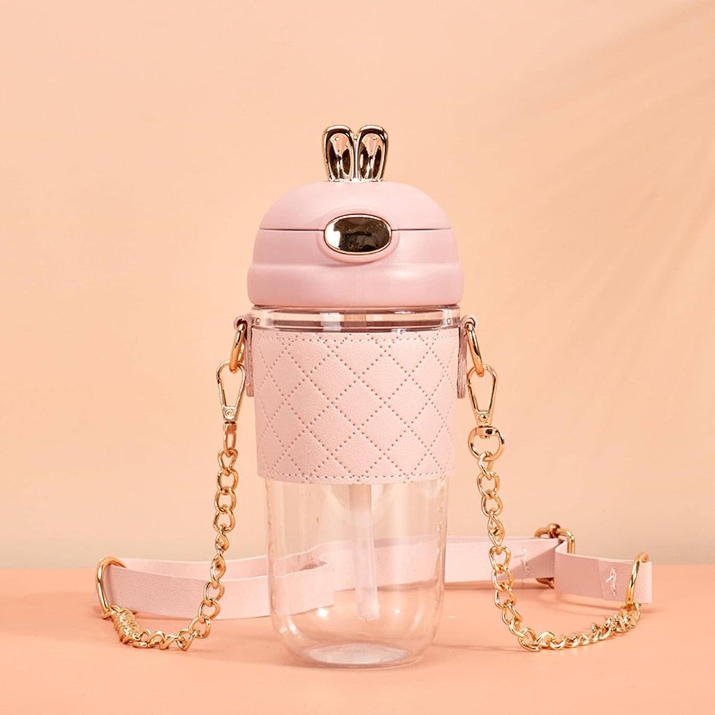 Cute Rabbit Ear Plastic Water Bottles With Leather Sleeve Straw And Strap 500ml