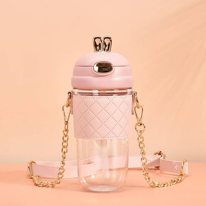 Cute Rabbit Ear Plastic Water Bottles With Leather Sleeve Straw And Strap 500ml