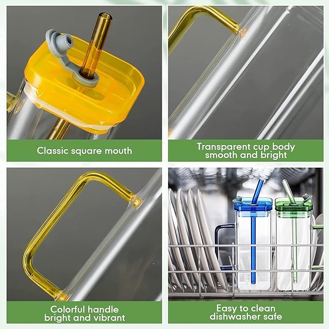 Borosilicate Transparent Square Glass Mug Tumbler With Plastic Lid And Sipper Straw 55501