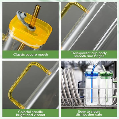 Borosilicate Transparent Square Glass Mug Tumbler With Plastic Lid And Sipper Straw 55501