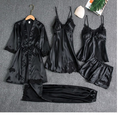 5 Pcs Silk Non Padded Nighty Set Black BG9567