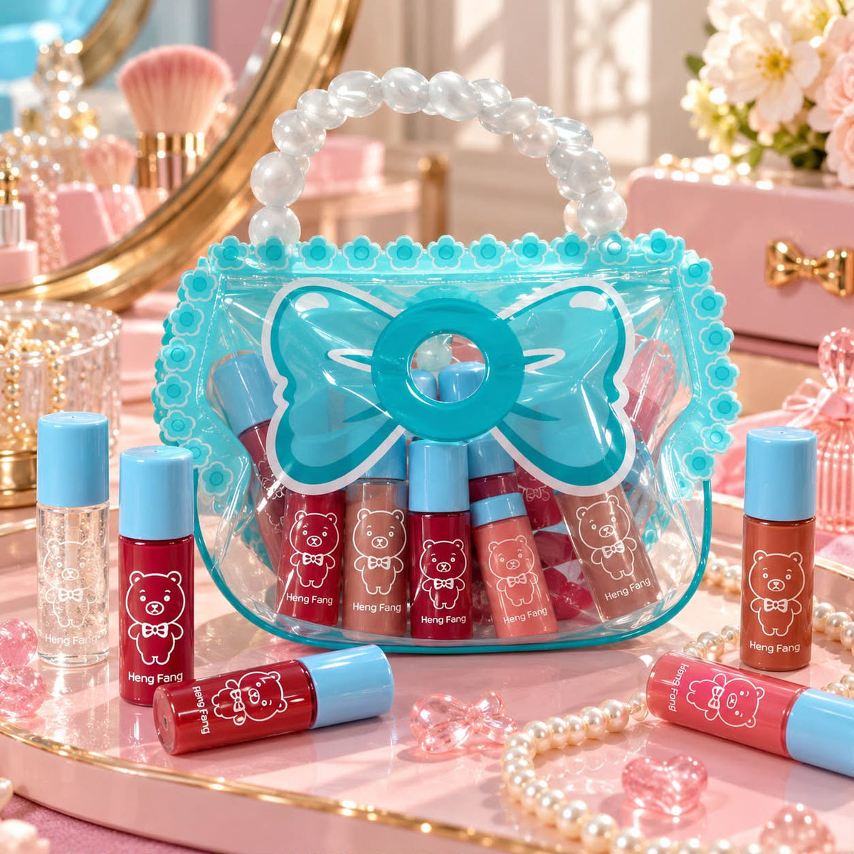 Heng Fang Bear Lip Gloss Set with Bow Handbag – 12 Pieces
