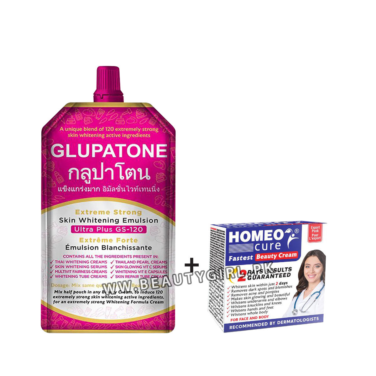 Glupatone Extreme Strong Whitening Emulsion Ultra Plus GS-120 + Homeo Cure Beauty Cream