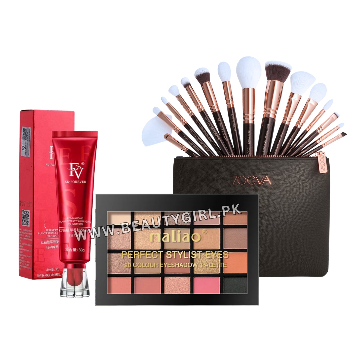 FV Liquid Foundation + Maliao 20 Color Eyeshadow Palette + Zoeva 15Pcs Brush Set Deal