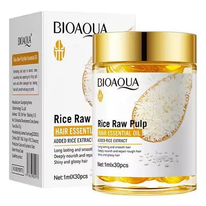 BIOAQUA Rice Raw Pulp Hair Essential Oil  30 Capsules Organic Treatment Promotes Hair Growth Moisturizing Repair Damaged Growth Oil Hair Care Hair Oil