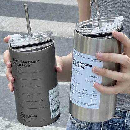 Stainless Steel Ice Americano Coffee Mug Double Lid Thermal Mug With Straw 600ml