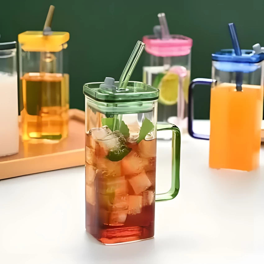 Borosilicate Transparent Square Glass Mug Tumbler With Plastic Lid And Sipper Straw 55501