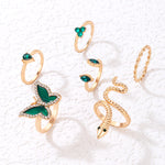 6 Pcs Green and Golden Snake And Butterfly Ring Set