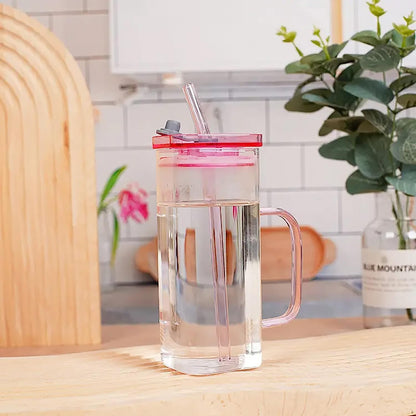 Borosilicate Transparent Square Glass Mug Tumbler With Plastic Lid And Sipper Straw 55501