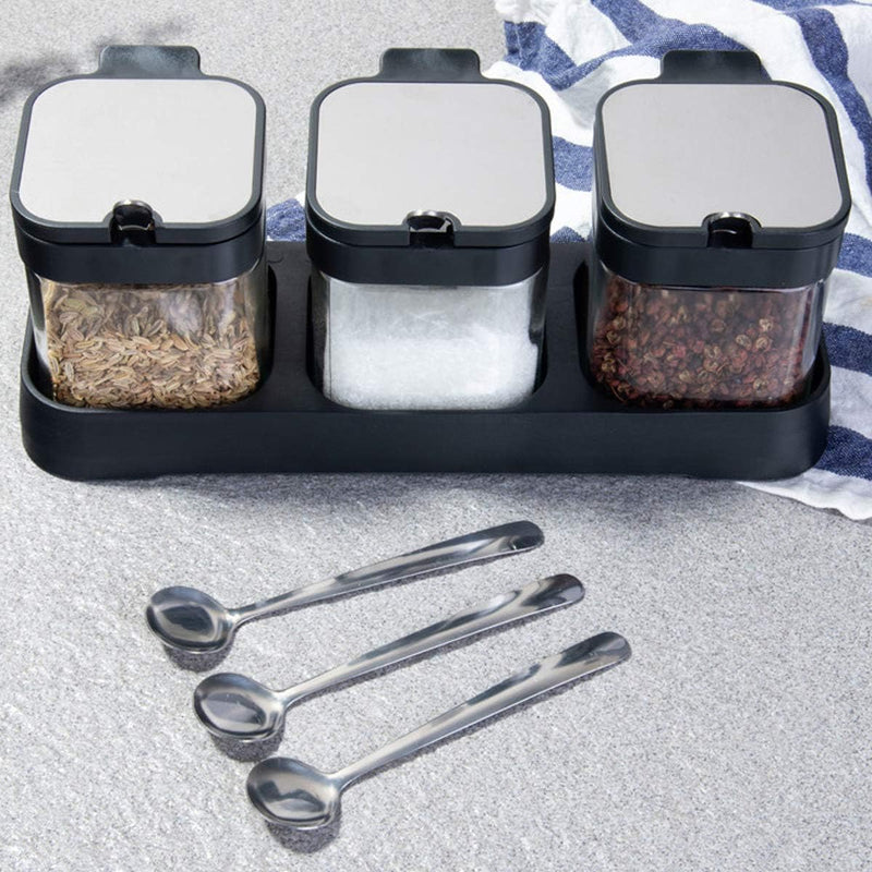 Spices Seasoning Jar Set Salt Pepper Glass Bottle Seasoning Containers with Lids Spoon and Base Pack Of 3Pcs