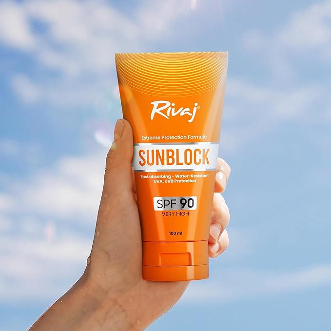 Rivaj SPF90 Sunblock 100ml Oil Free Sunscreen Protection All Skin Types Tones Lifestyles.