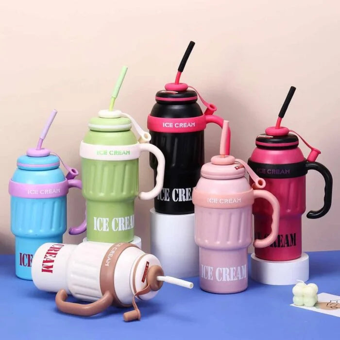Stainless Steel Cute Ice Cream Tumbler Water Bottle With Straw And Handle 1000ml