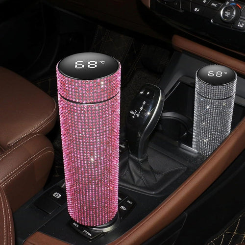 Diamond Rhinestone LED Temperature Display Stainless Steel Thermal Insulated Water Bottle 500ml